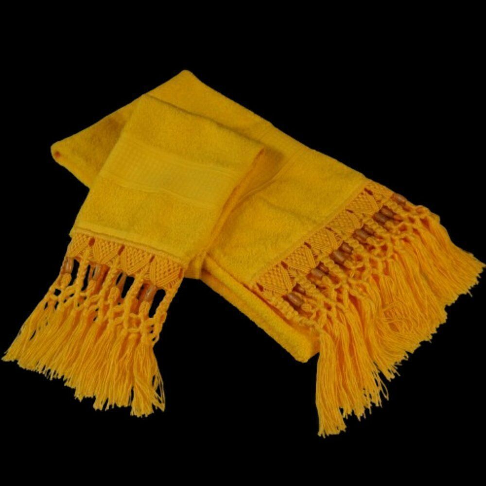 Karisma Bath Towel And Hand Towel Set Yellow Macrame Fringed Tassel Beads